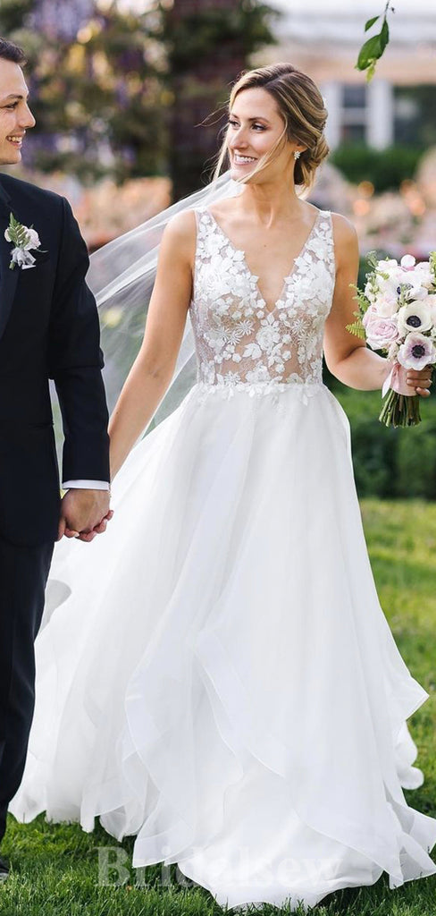 A-line V-Neck Top Lace Elegant Vintage Dream Beach Long Wedding Dresses, Bridal Gown WD479