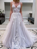 A-line V-Neck Tulle Modest Long Prom Dresses, Evening Dress PD021