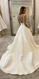 A-line V-Neck Vintage Satin Popular Romantic Wedding Dresses WD005