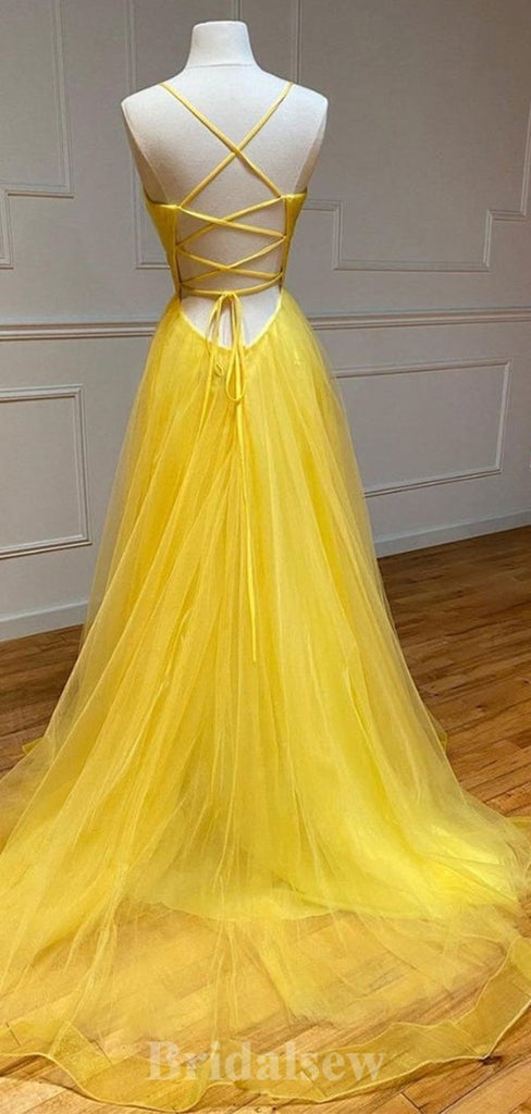 A-line V-Neck Yellow Spaghetti Straps New Elegant Modest Long Party Evening Prom Dresses PD1308