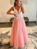 A-line V-neck Tulle Pink Fashion Formal Long Prom Dresses, Evening Dress PD432