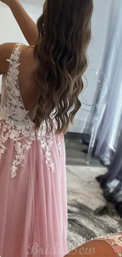 A-line V-neck Tulle Pink Fashion Formal Long Prom Dresses, Evening Dress PD432