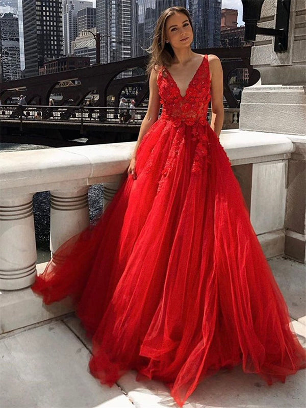 A-line V Neck Appliques Red Lace Vintage Long Formal Prom Dresses PD210