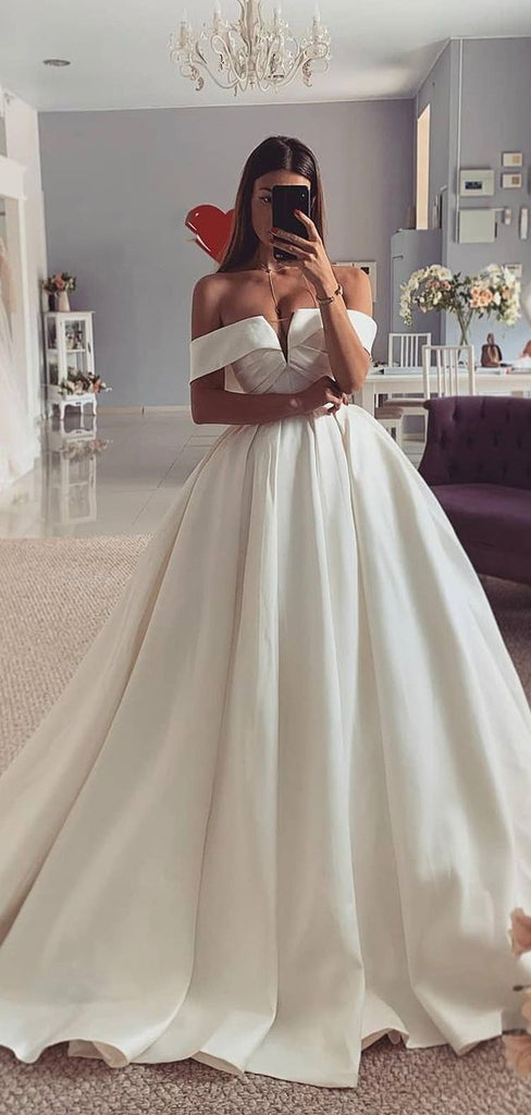 A-line Vintage Off-the-Shoulder Satin Long Wedding Dresses, Bridal Gowns WD095