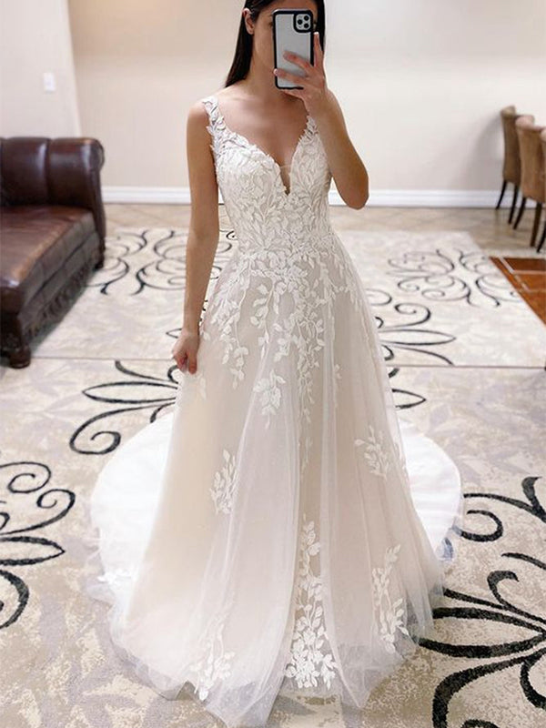 A-line Vintage Popular Lace Plus Size Beach Long Wedding Dresses WD136