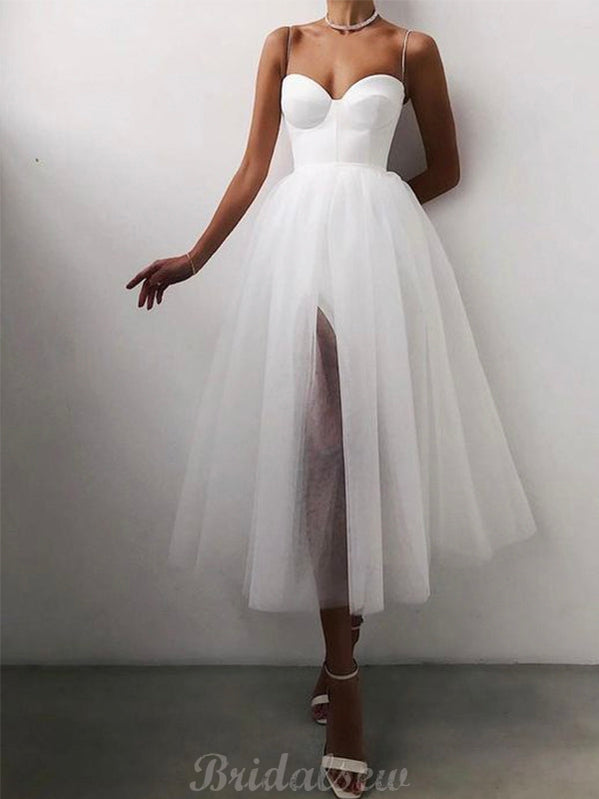 A-line White Tulle Spaghetti Straps Modest Prom Dresses PD112