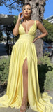 A-line Yellow Fashion Sexy Slit Elegant Modest Long Party Evening Prom Dresses PD1338