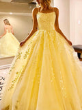 A-line Yellow Lace Custom Spaghetti Straps Formal Evening Long Prom Dresses PD244