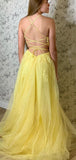 A-line Yellow Lace Popular Spaghetti Straps Modest Long Prom Dresses PD241