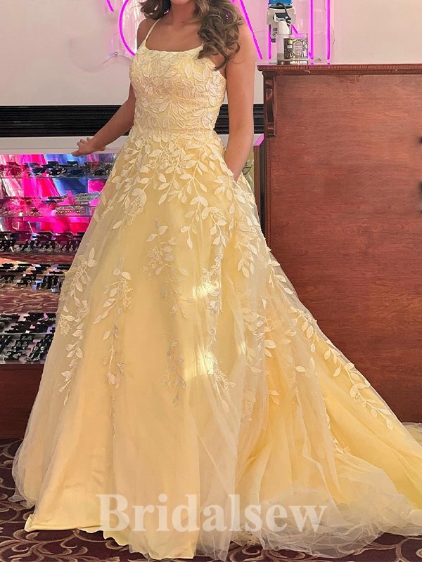 A-line Yellow Lace Spaghetti Straps Best Popular Elegant Long Evening Prom Dresses PD1210