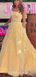A-line Yellow Lace Spaghetti Straps Best Popular Elegant Long Evening Prom Dresses PD1210