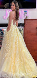A-line Yellow Lace Spaghetti Straps Best Popular Elegant Long Evening Prom Dresses PD1210