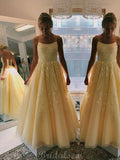 A-line Yellow Lace Spaghetti Straps Modest Long Prom Dresses PD066