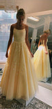 A-line Yellow Lace Spaghetti Straps Modest Long Prom Dresses PD066