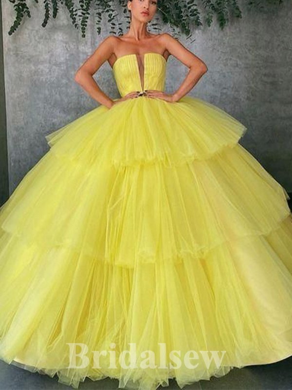 A-line Yellow Modest Unique Tulle Strapless Elegant Long Evening Prom Dresses, Gorgeous Ball Gown PD1218
