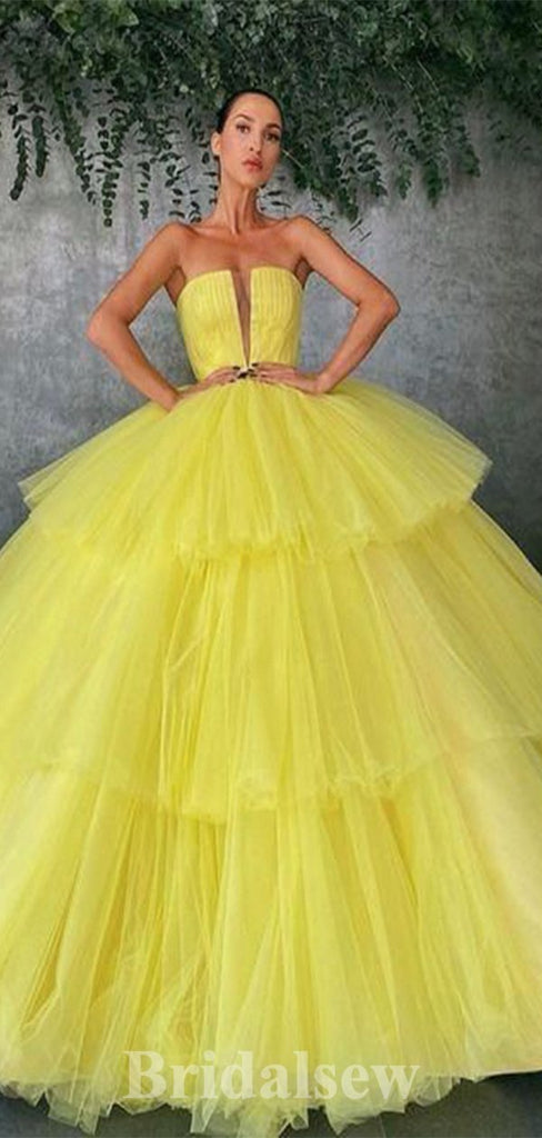 A-line Yellow Modest Unique Tulle Strapless Elegant Long Evening Prom Dresses, Gorgeous Ball Gown PD1218