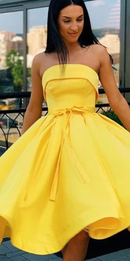 A-line Yellow Off The Shoulder Satin Short Homecoming Dresses HD010