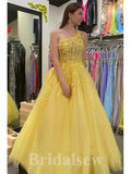 A-line Yellow One Shoulder Lace Modest Long Women Evening Prom Dresses PD876