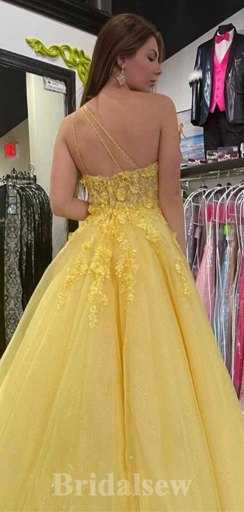 A-line Yellow One Shoulder Lace Modest Long Women Evening Prom Dresses PD876