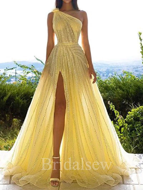 A-line Yellow One Shoulder Sequin Sparkly Black Girls Slay Women Long Evening Prom Dresses PD585