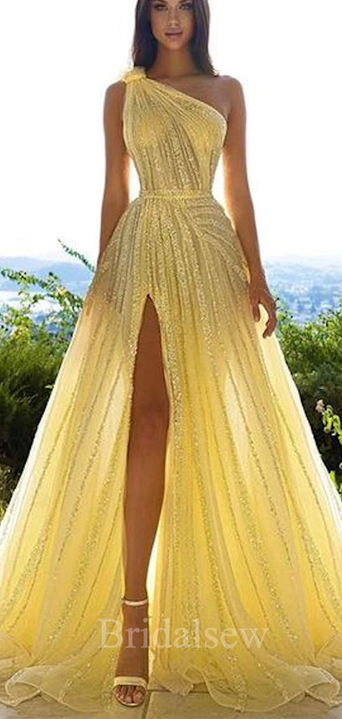 A-line Yellow One Shoulder Sequin Sparkly Black Girls Slay Women Long Evening Prom Dresses PD585