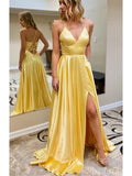 A-line Yellow Spaghetti Straps Simple Modest Long Evening Prom Dresses PD224