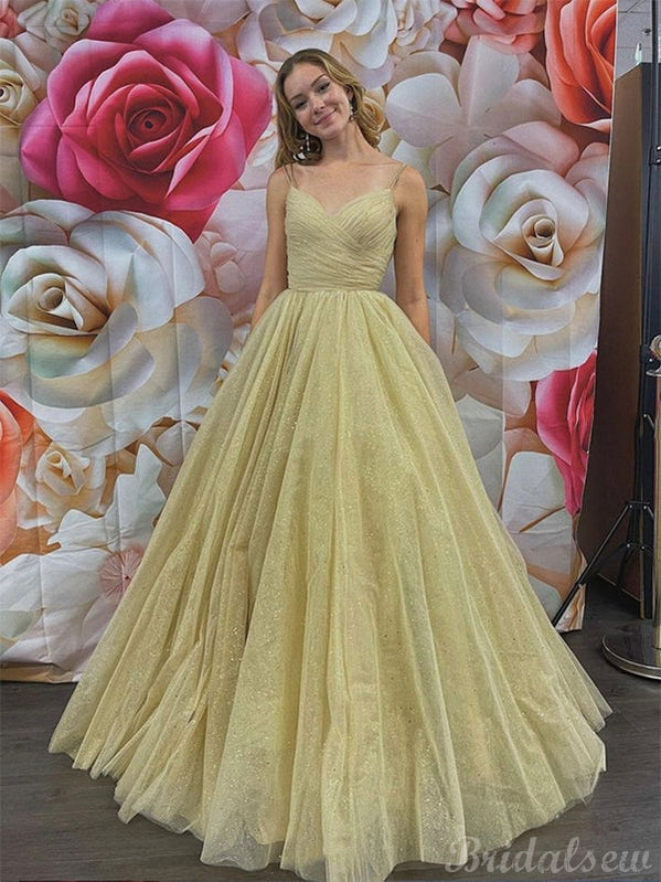 A-line Yellow Sparkly Sequin Tulle Long Prom Dresses, Formal Evening Dresses PD262