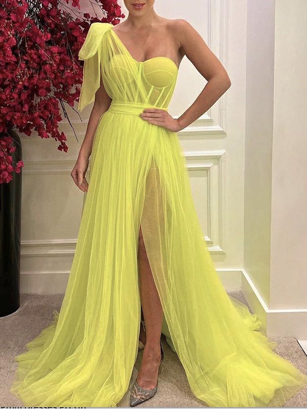 A-line Yellow Tulle One Shoulder Elegant Women Modest Long Prom Dresses PD391