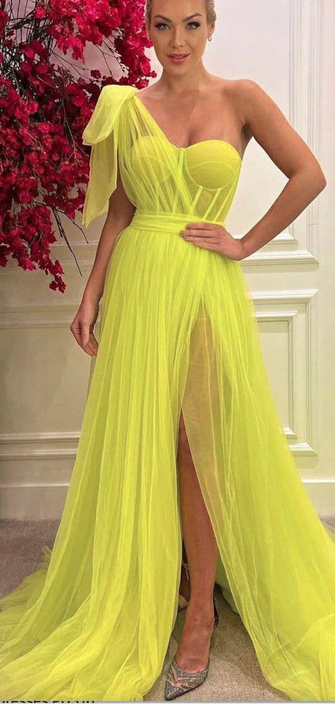 A-line Yellow Tulle One Shoulder Elegant Women Modest Long Prom Dresses PD391