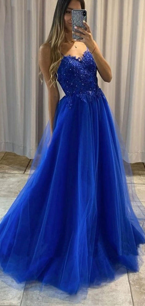 A-line Blue Lace Spaghetti Straps Party Formal Long Prom Dresses PD209
