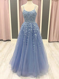 A Line Long Blue Lace Spaghetti Straps Modest Formal Prom Dresses PD208