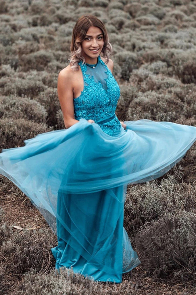 A Line Blue Halter Neck Tulle Modest Prom Dresses PD006 bridalsew A Line Blue Halter Neck Tulle Modest Prom Dresses PD006 bridalsew