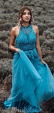 A Line Blue Halter Neck Tulle Modest Prom Dresses PD006