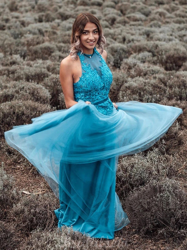 A Line Blue Halter Neck Tulle Modest Prom Dresses PD006 bridalsew A Line Blue Halter Neck Tulle Modest Prom Dresses PD006 bridalsew