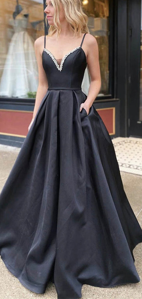 A Line V Neck Backless Black Simple Modest Long Prom Dresses PD206