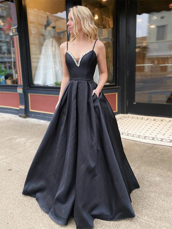 A Line V Neck Backless Black Simple Modest Long Prom Dresses PD206