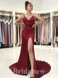 Affordable Burgundy Satin Modest Fashion Elegant Mermaid Formal Long Evening Prom Dresses PD1048