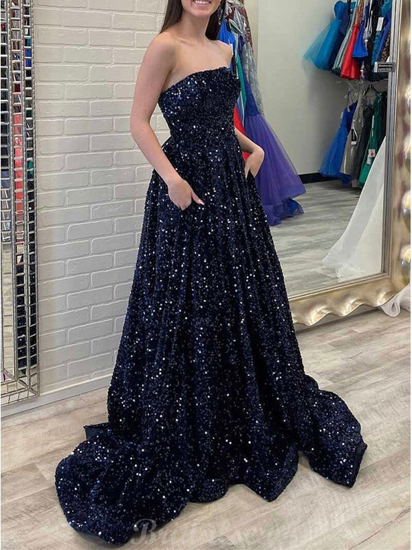 Aline Black Sequin Sparkly Princess Black Girls Slay Elegant Evening Modest Long Prom Dresses PD465