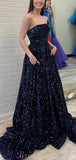 Aline Black Sequin Sparkly Princess Black Girls Slay Elegant Evening Modest Long Prom Dresses PD465