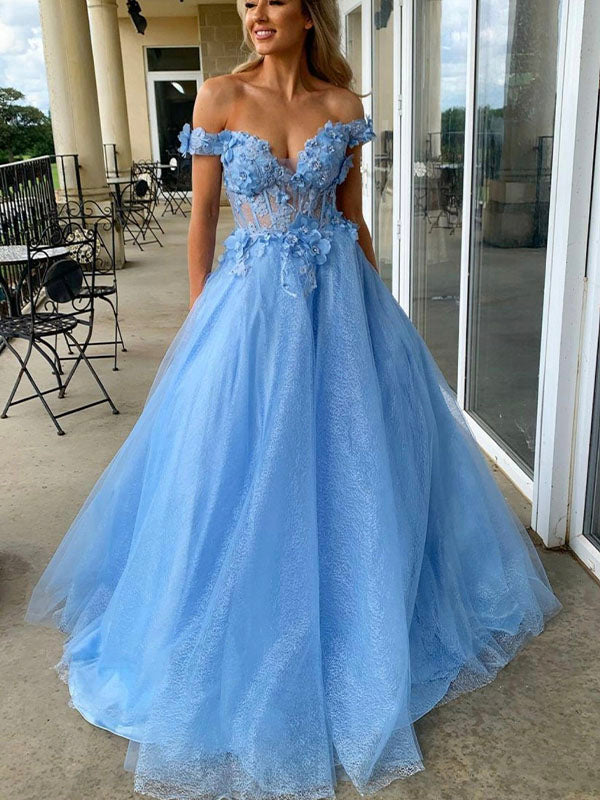 Aline Blue Off the Shoulder Formal Evening Long Prom Dresses PD377