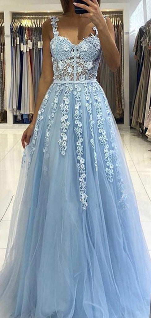 Star Glitters Ice Blue Slit A-line Evening Prom Dress - Lunss