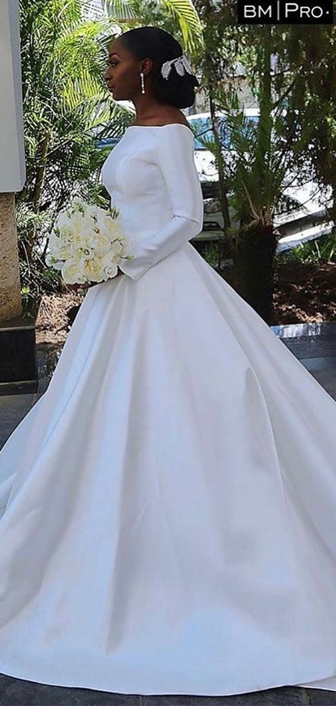 Aline Long Sleeves Satin Simple Formal Vintage Elegant Wedding Dresses WD125