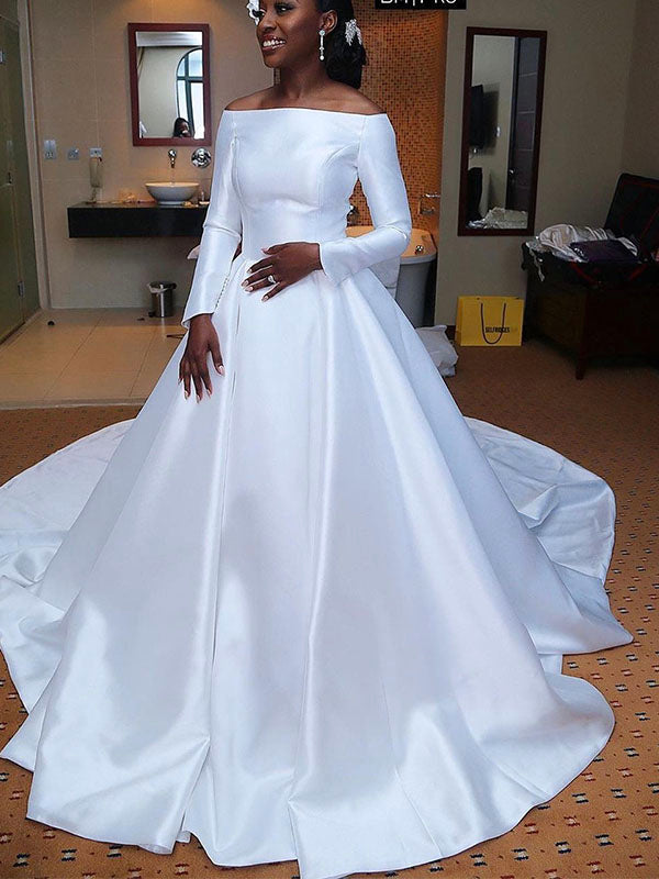 Aline Long Sleeves Satin Simple Formal Vintage Elegant Wedding