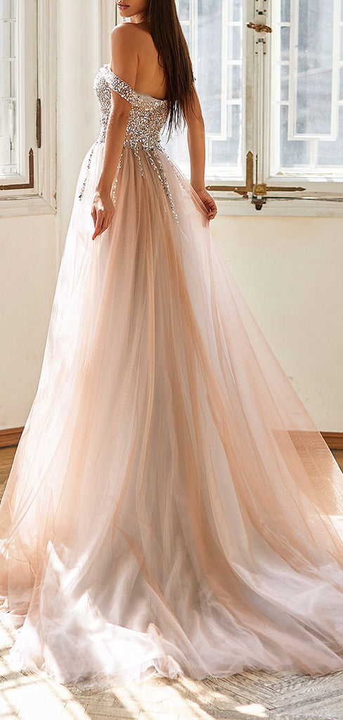 Aline Off Shoulder Tulle Sparkly Sequin Long Prom Dresses, Evening Dress PD203