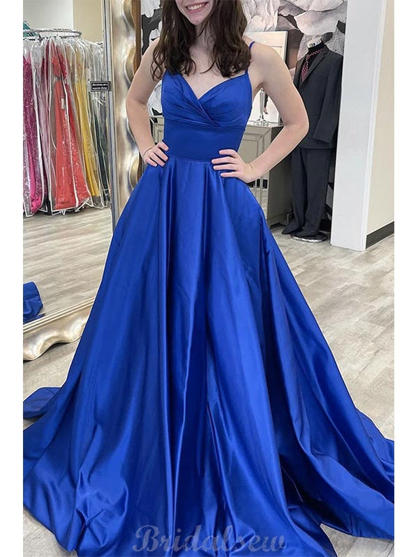 Royal Blue Satin A Line Spaghetti Straps Prom Dresses PL430 | Promnova