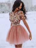 A line Short Pink Long Sleeves Sparkly Popular Homecoming Dresses HD004