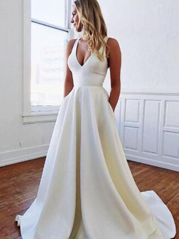 A line Simple Satin Beach Roman Wedding Dresses WD002