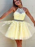 A line Yellow lace halter popular Homecoming Dresses HD005
