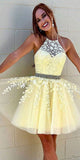 A line Yellow lace halter popular Homecoming Dresses HD005