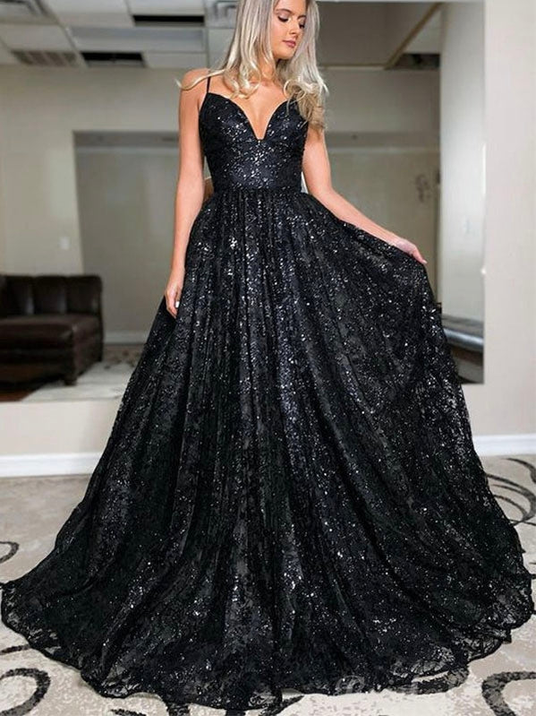 Long A-line Black Sequin Elegant Prom Dresses Long A-line Black Sequin Elegant Prom Dresses